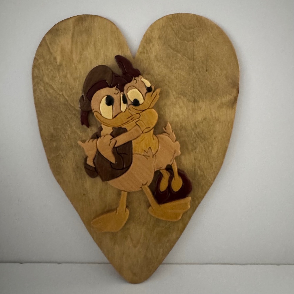 Vintage Ray Overton Handcrafted Wood Donald/Daisy Duck Heart Wall Plaque 70s-80s